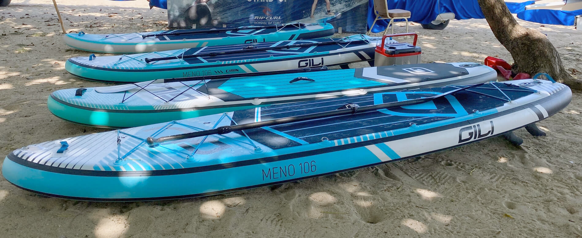 Three inflatable paddle boards